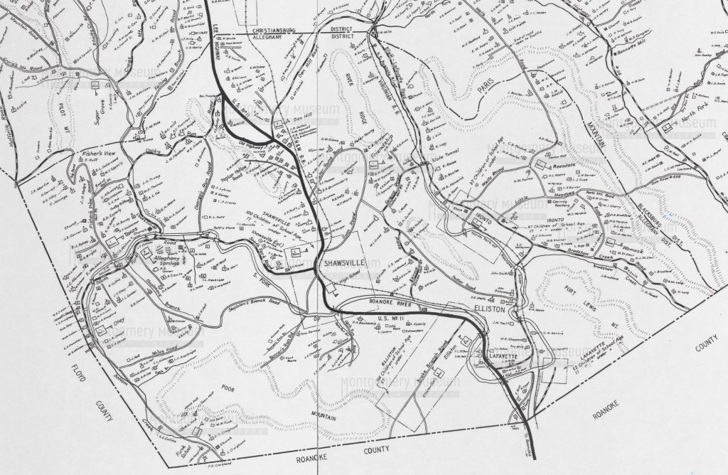Alleghany District 1940 School Census Map, Montgomery County, Virginia. Curtesy of Montgomery Museum of Art and History.