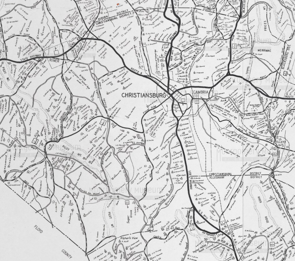 Christiansburg District 1940 School Census Map, Montgomery County, Virginia. Curtesy of Montgomery Museum of Art and History.